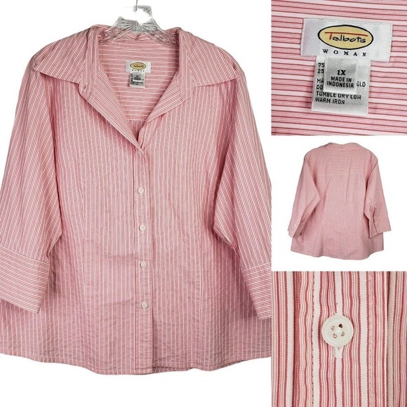 Talbots Women's Plus 1X Pink Striped Long Sleeve Button Up Shirt Collared - Picture 1 of 8